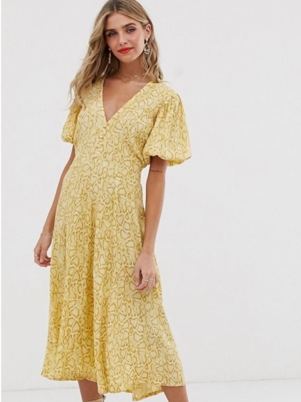Faithfull the Brand Yellow Snake-Print Puff Sleeve Maxi Dress